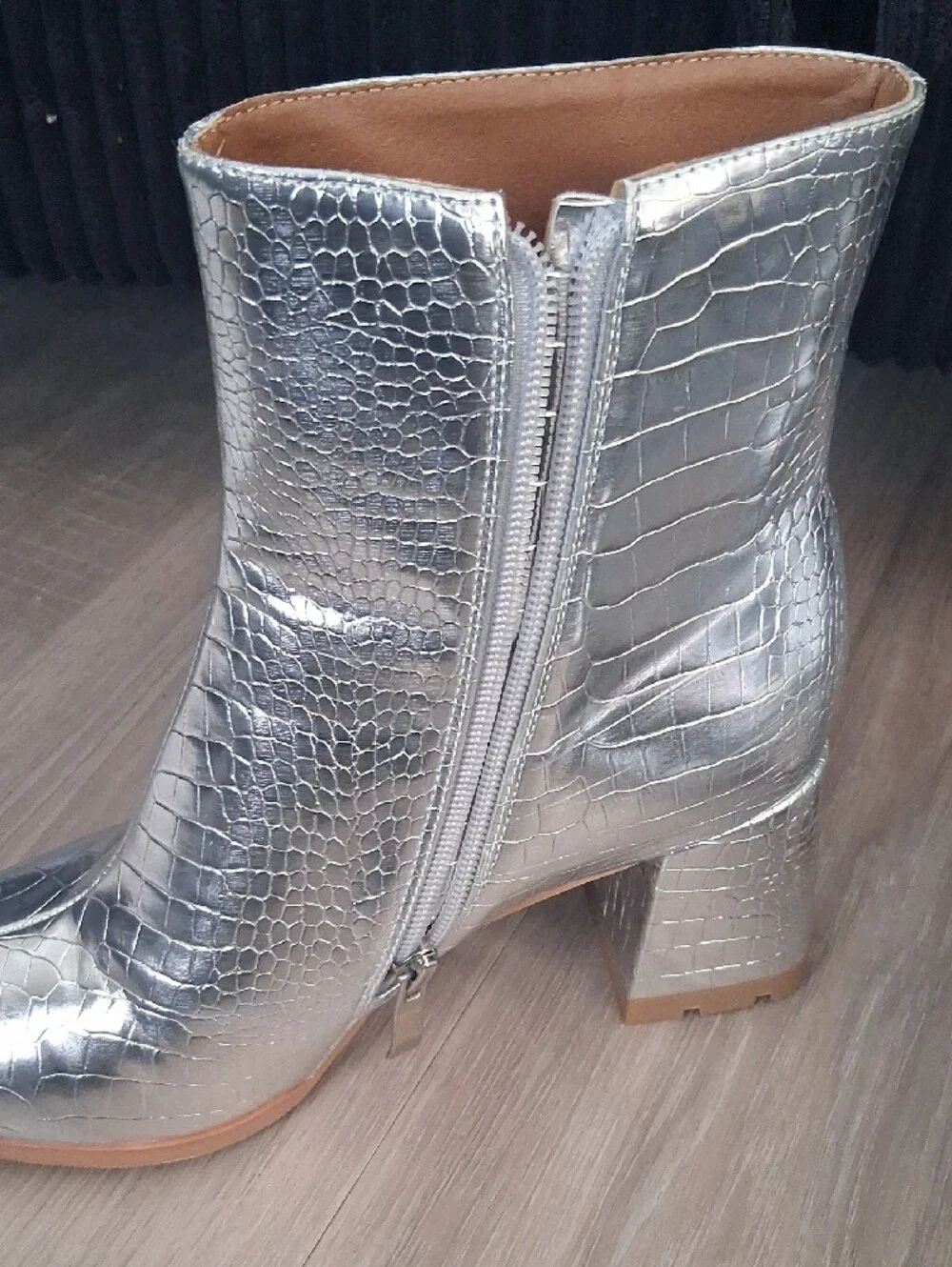Croc-Embossed Silver Pointed Ankle Boots